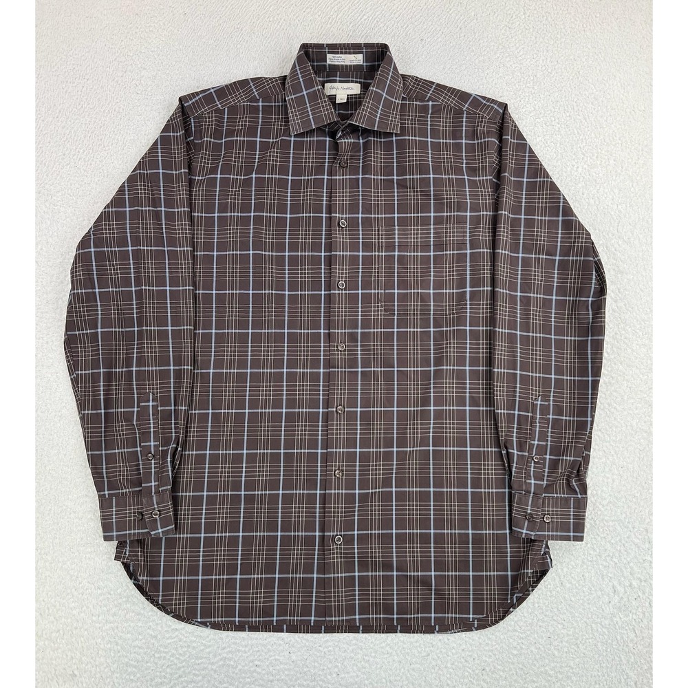 John W. Nordstrom Dress Shirt Mens LT Brown Plaid Smartcare Cotton Non Iron LS